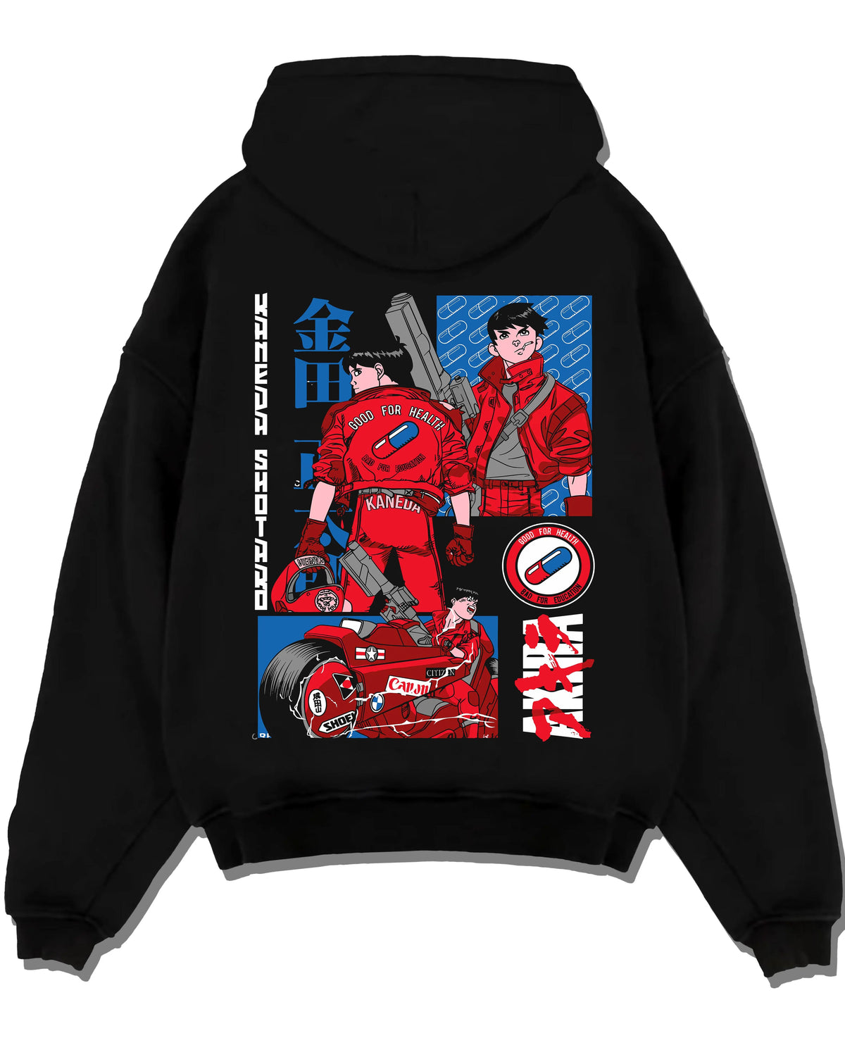 Black hoodie laid flat featuring Shotaro Kaneda red motorcycle Akira artwork.