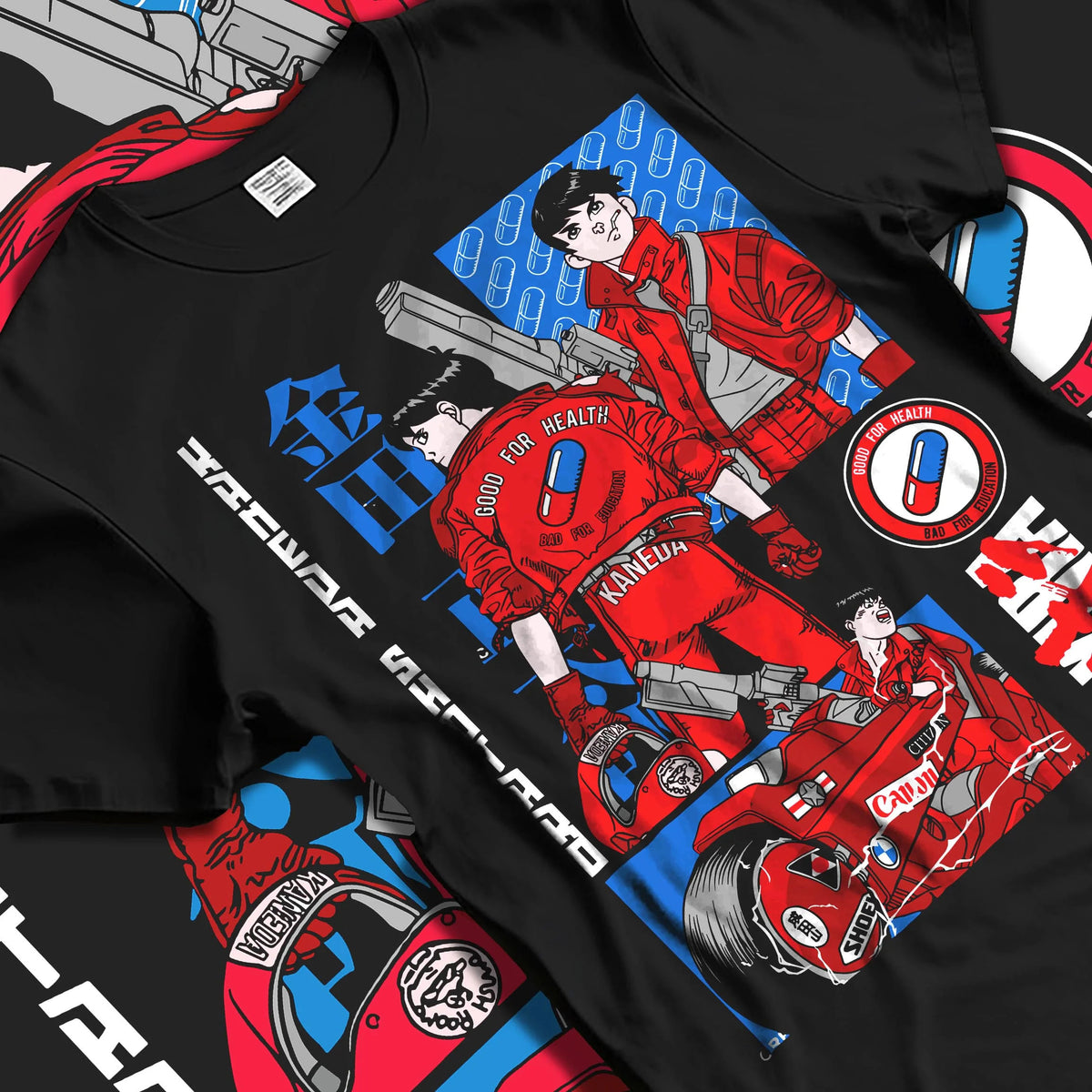 Black T-shirt laid flat with natural folds featuring Shotaro Kaneda red motorcycle Akira artwork.