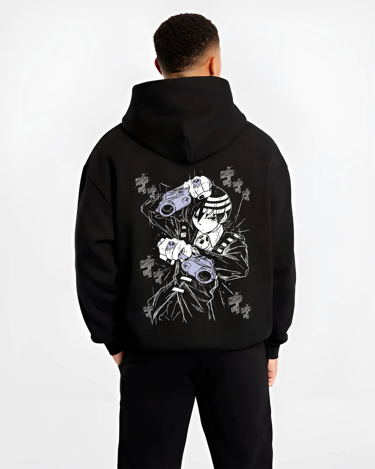 Death the Kid from Soul Eater holding dual pistols on hoodie model back view