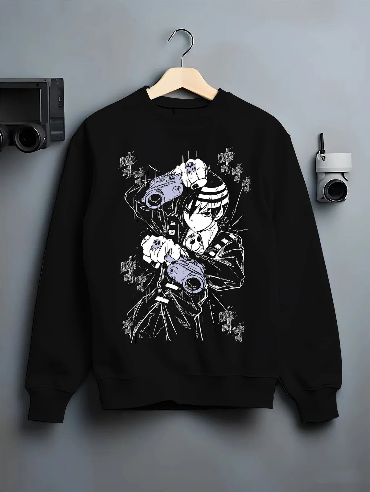 Death the Kid from Soul Eater holding dual pistols on crewneck sweatshirt hanger