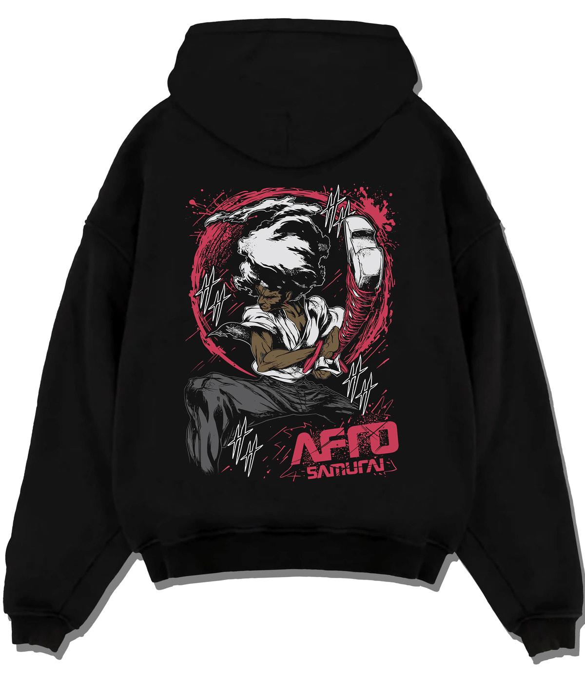Black hoodie flat back view showing Afro Samurai: close-up portrait