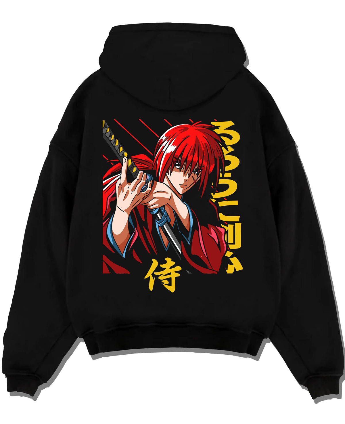 Black hoodie laid flat featuring Kenshin Himura samurai sword Rurouni Kenshin artwork.
