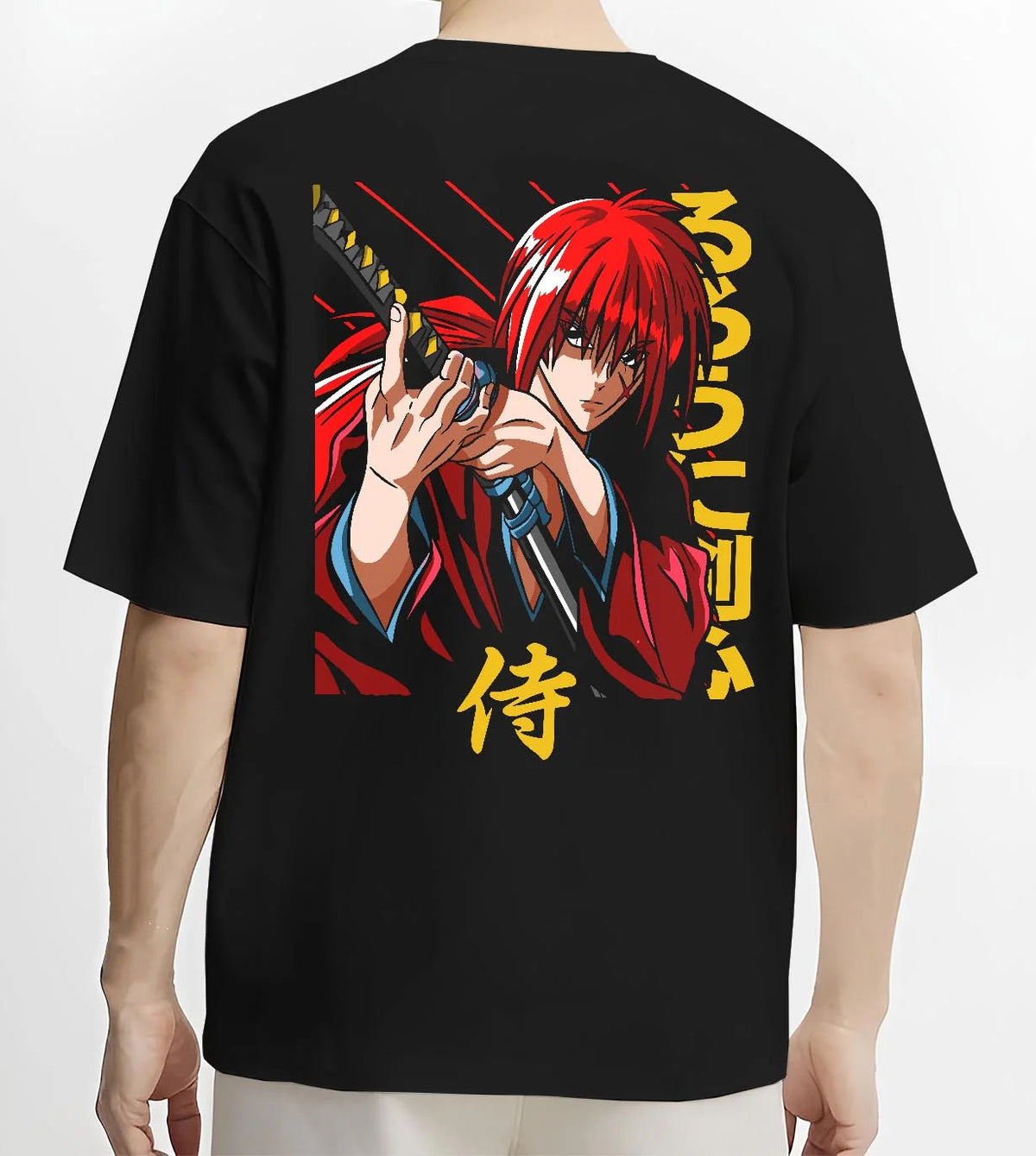 Black T-shirt worn by male model from the back featuring Kenshin Himura samurai sword Rurouni Kenshin artwork.