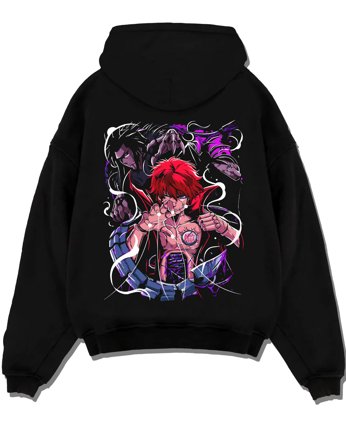 Black hoodie laid flat featuring Sasori of the Red Sand Naruto artwork.