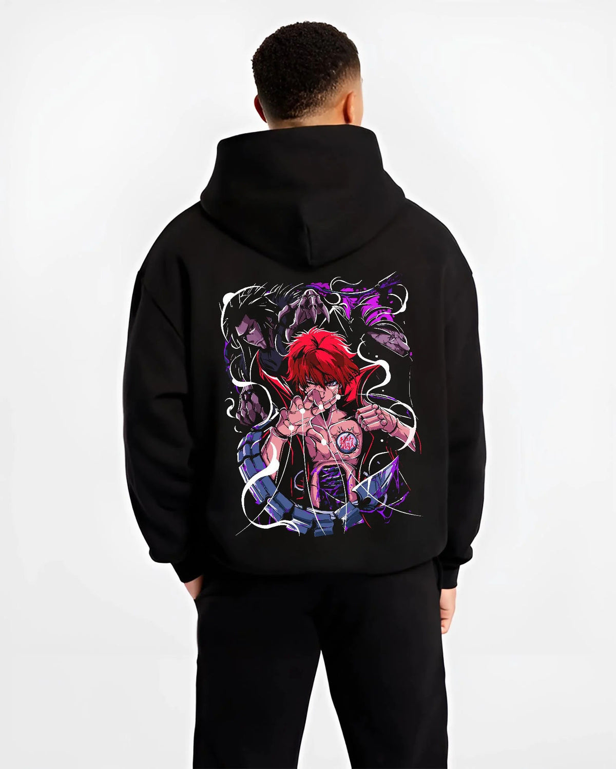 Black hoodie worn by male model from the back featuring Sasori of the Red Sand Naruto artwork.