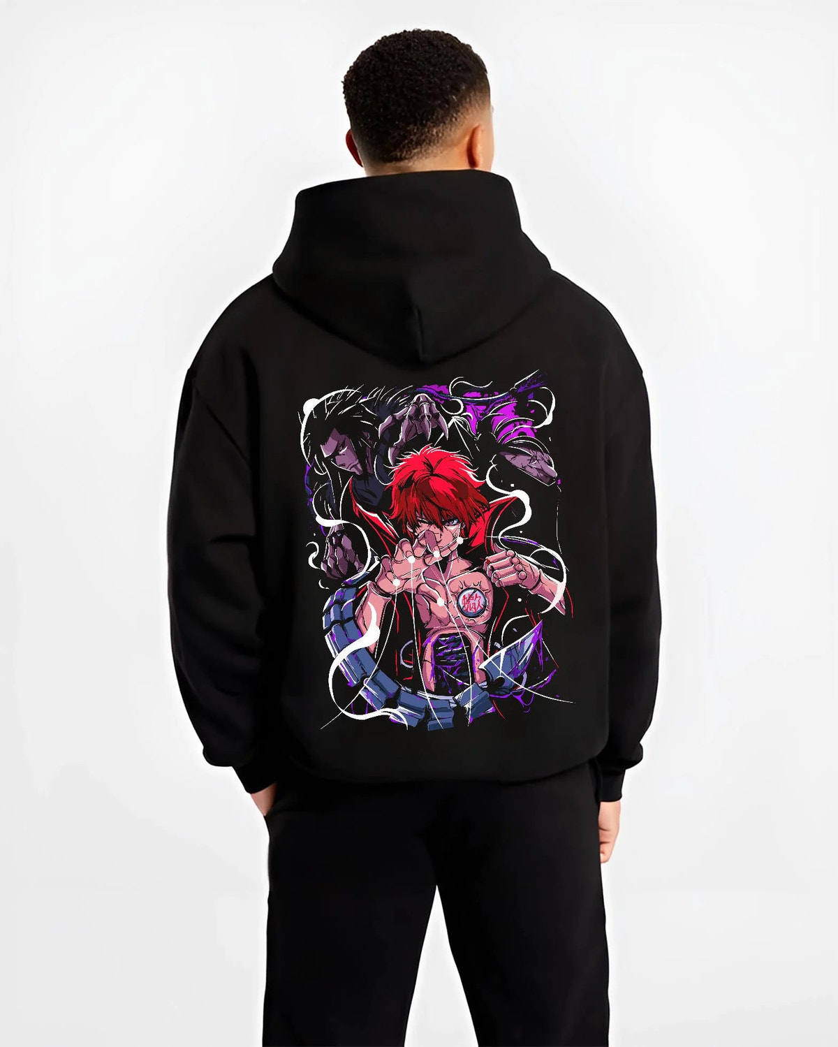 Black hoodie worn by male model from the back featuring Sasori of the Red Sand Naruto artwork.