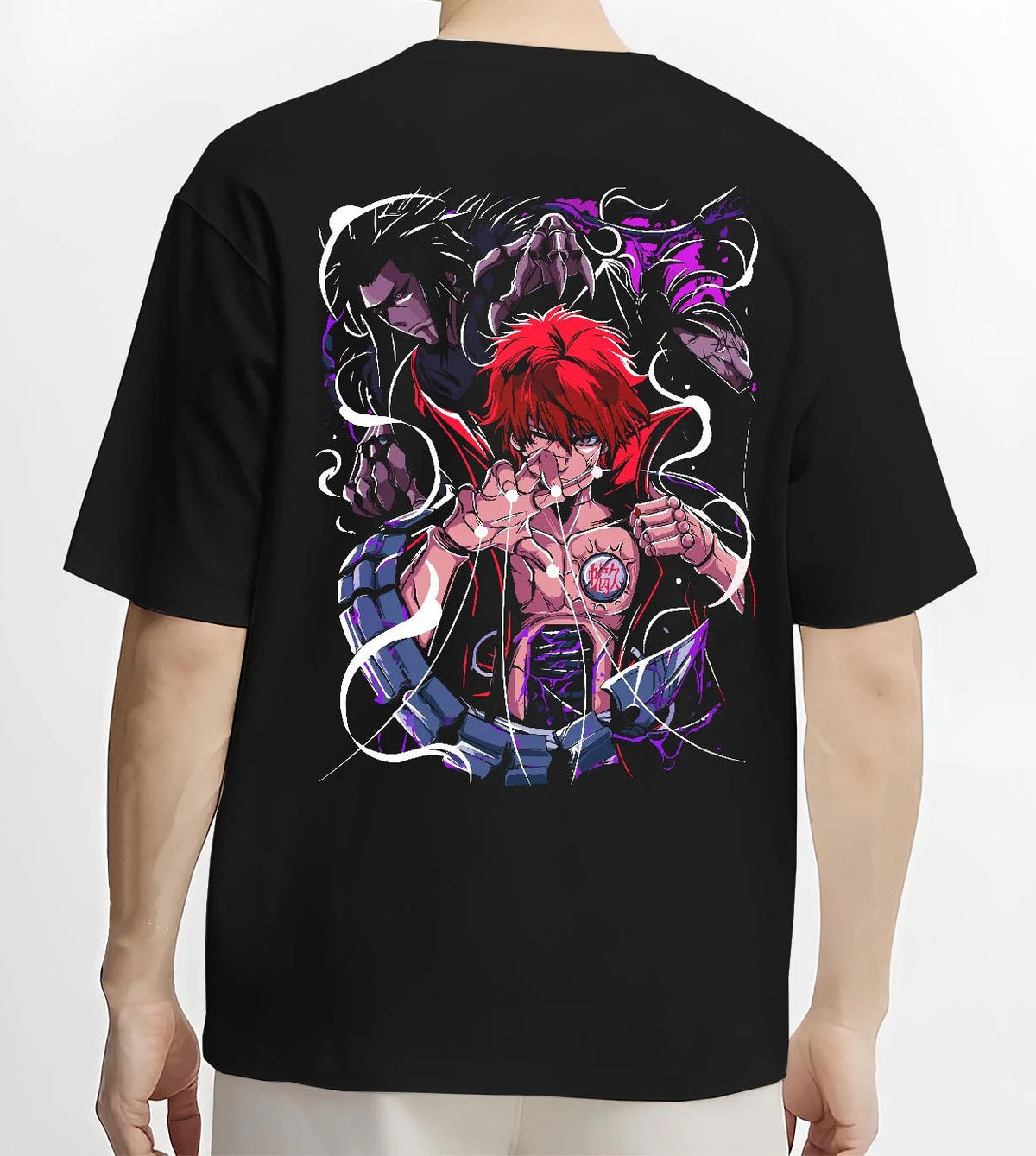 Black T-shirt worn by male model from the back featuring Sasori of the Red Sand Naruto artwork.