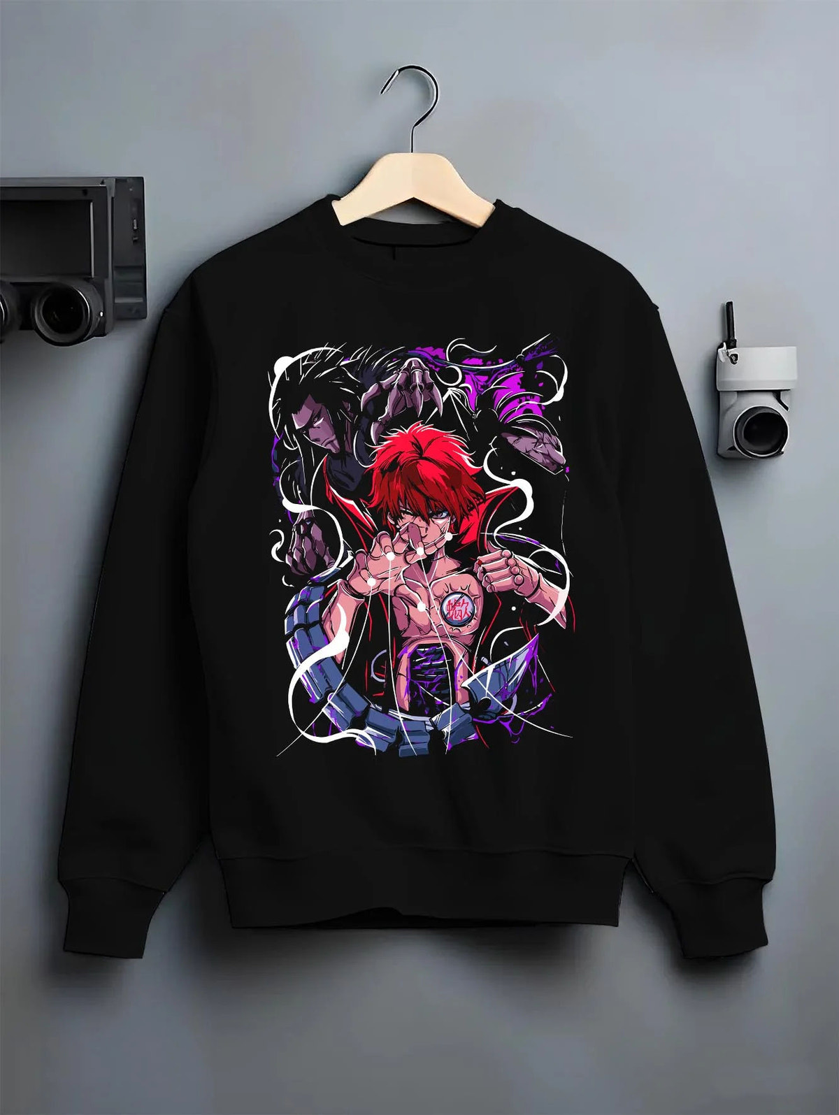 Black crewneck sweatshirt on hanger featuring Sasori of the Red Sand Naruto artwork.