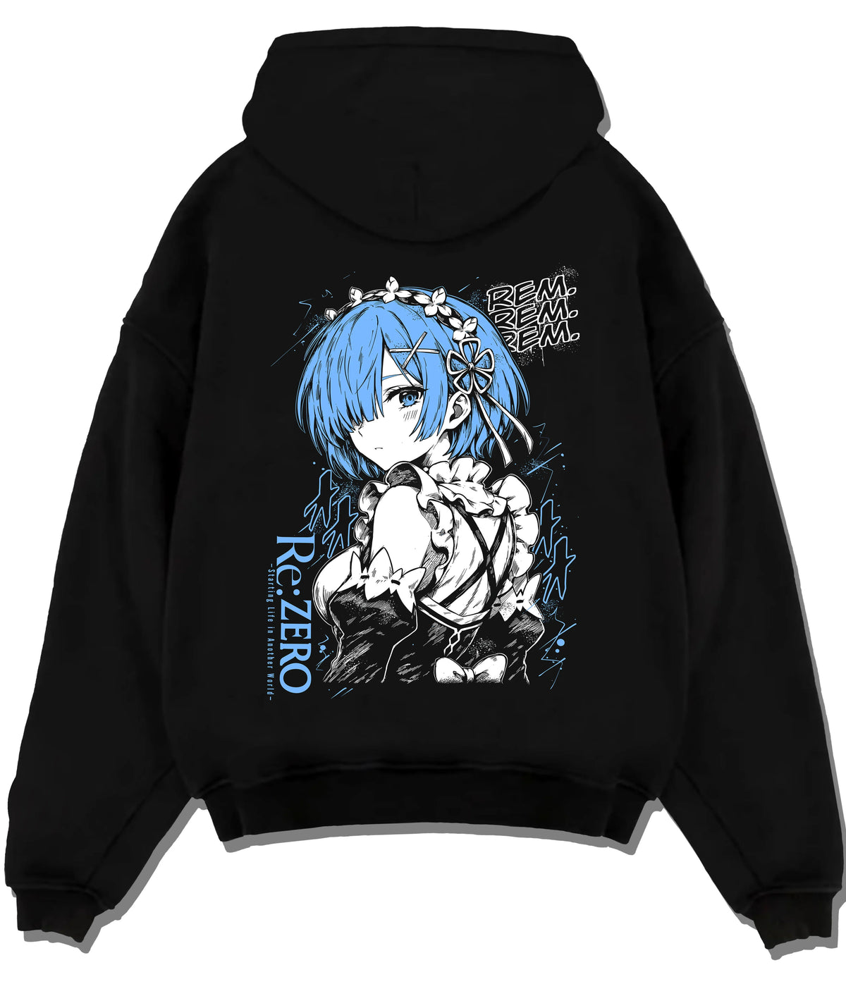 Black hoodie flat back view showing Rem from Re:Zero: blue-haired maid portrait