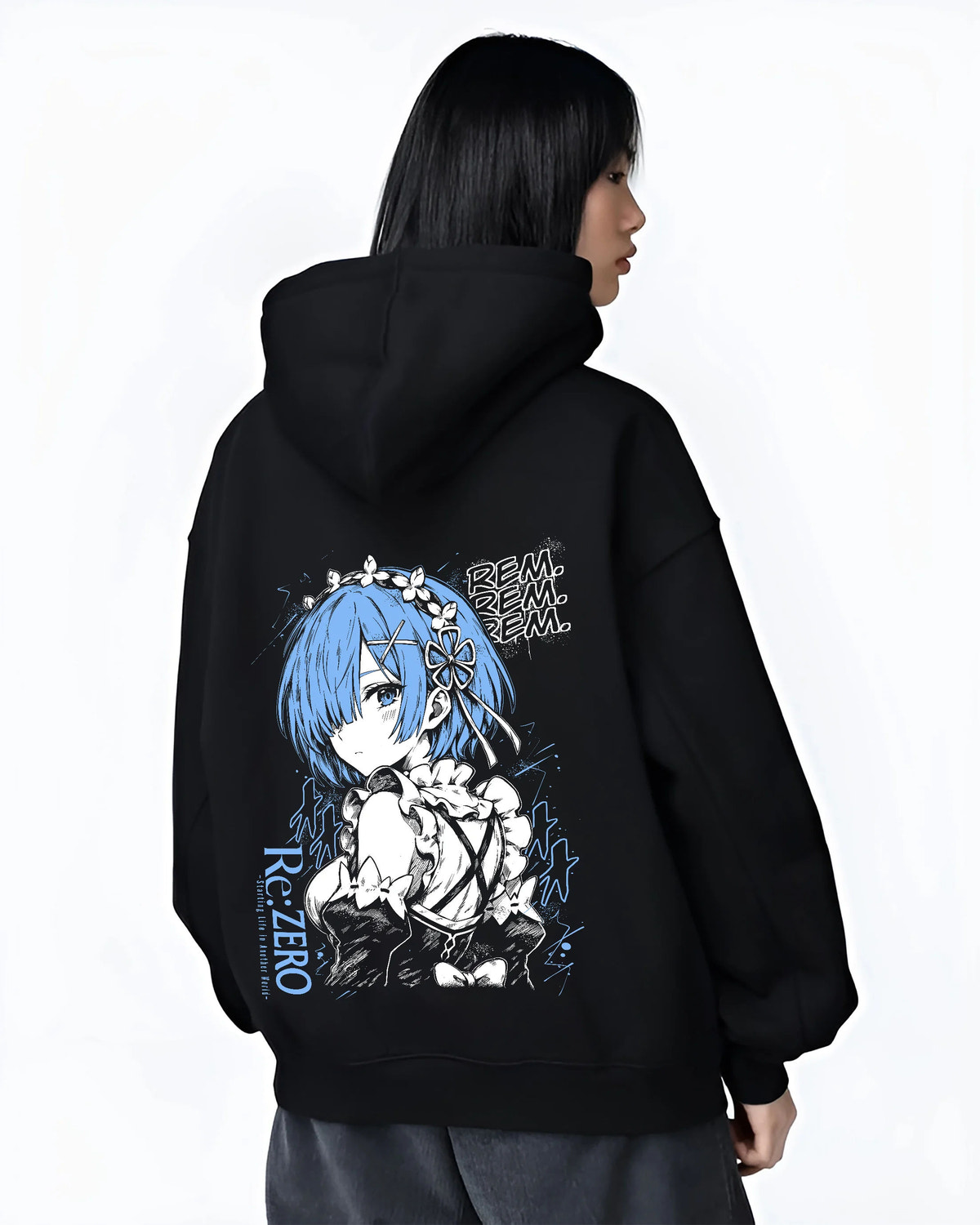Black hoodie female model back view showing Rem from Re:Zero: blue-haired maid portrait