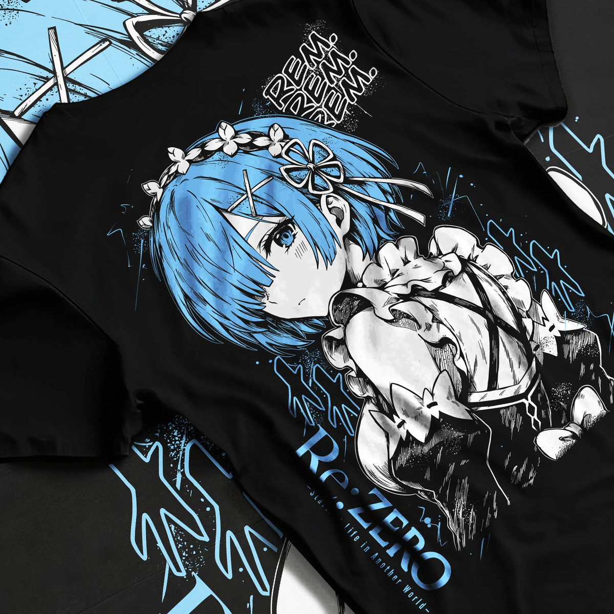 Black T-shirt flat back view showing Rem from Re:Zero: blue-haired maid portrait