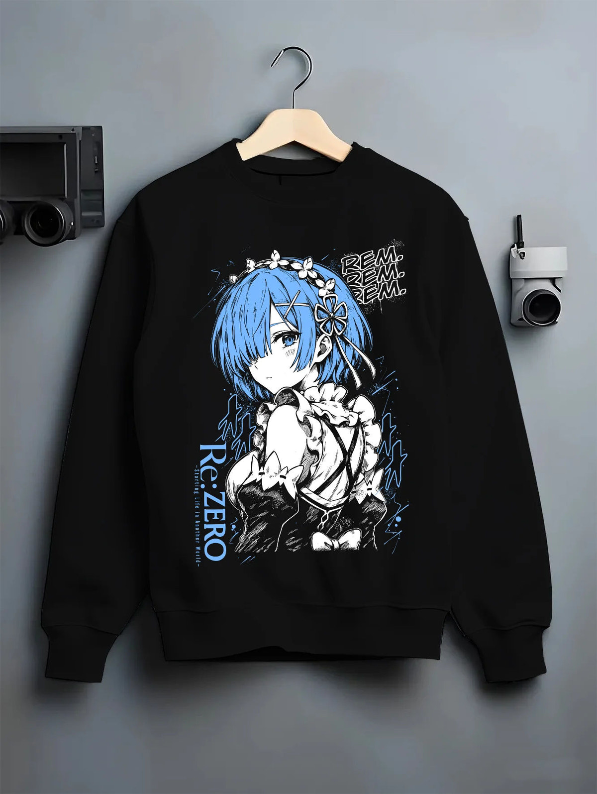 Black crewneck sweatshirt on hanger showing Rem from Re:Zero: blue-haired maid portrait