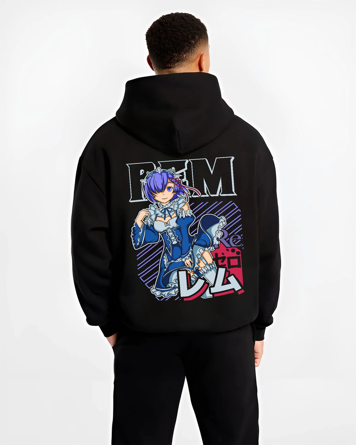 Black hoodie model back view with Rem in blue maid outfit from Re:Zero illustrated back graphic