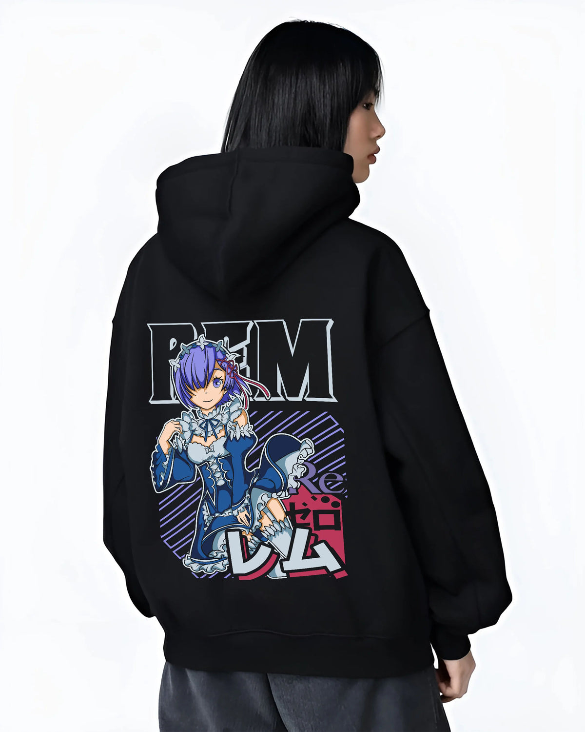 Black hoodie female model back view with Rem in blue maid outfit from Re:Zero illustrated back graphic