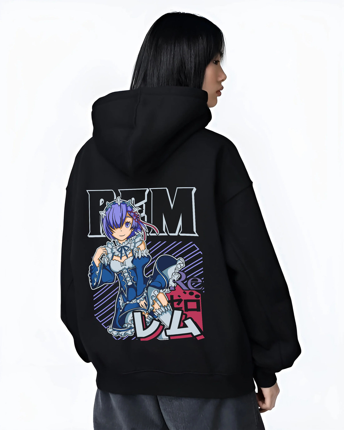 Black hoodie female model back view with Rem in blue maid outfit from Re:Zero illustrated back graphic