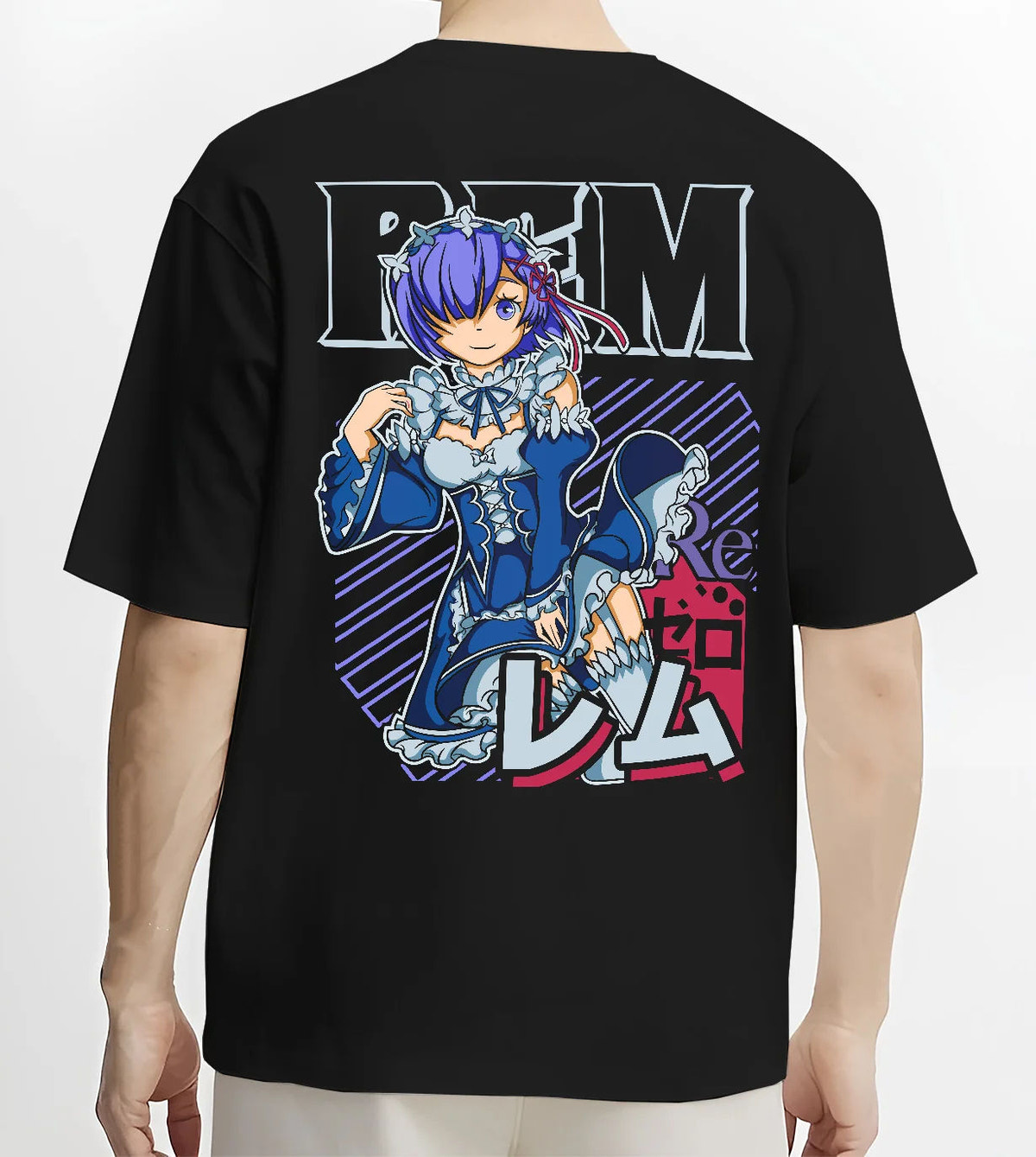 Black T-shirt model back view with Rem in blue maid outfit from Re:Zero illustrated back graphic
