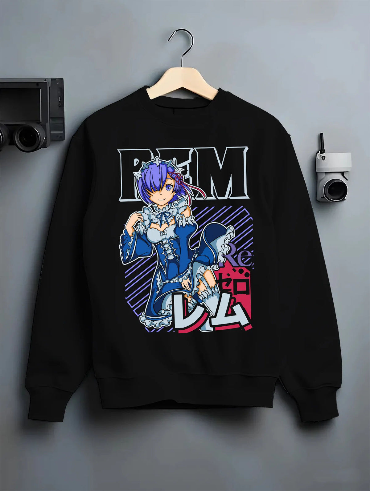 Black crewneck sweatshirt on hanger with Rem in blue maid outfit from Re:Zero illustrated back graphic