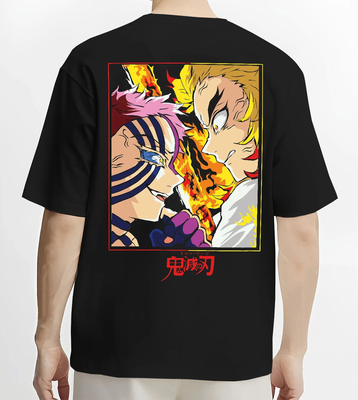 Black T-shirt model back view showing Kyojuro Rengoku from Demon Slayer: flame sword and blaze