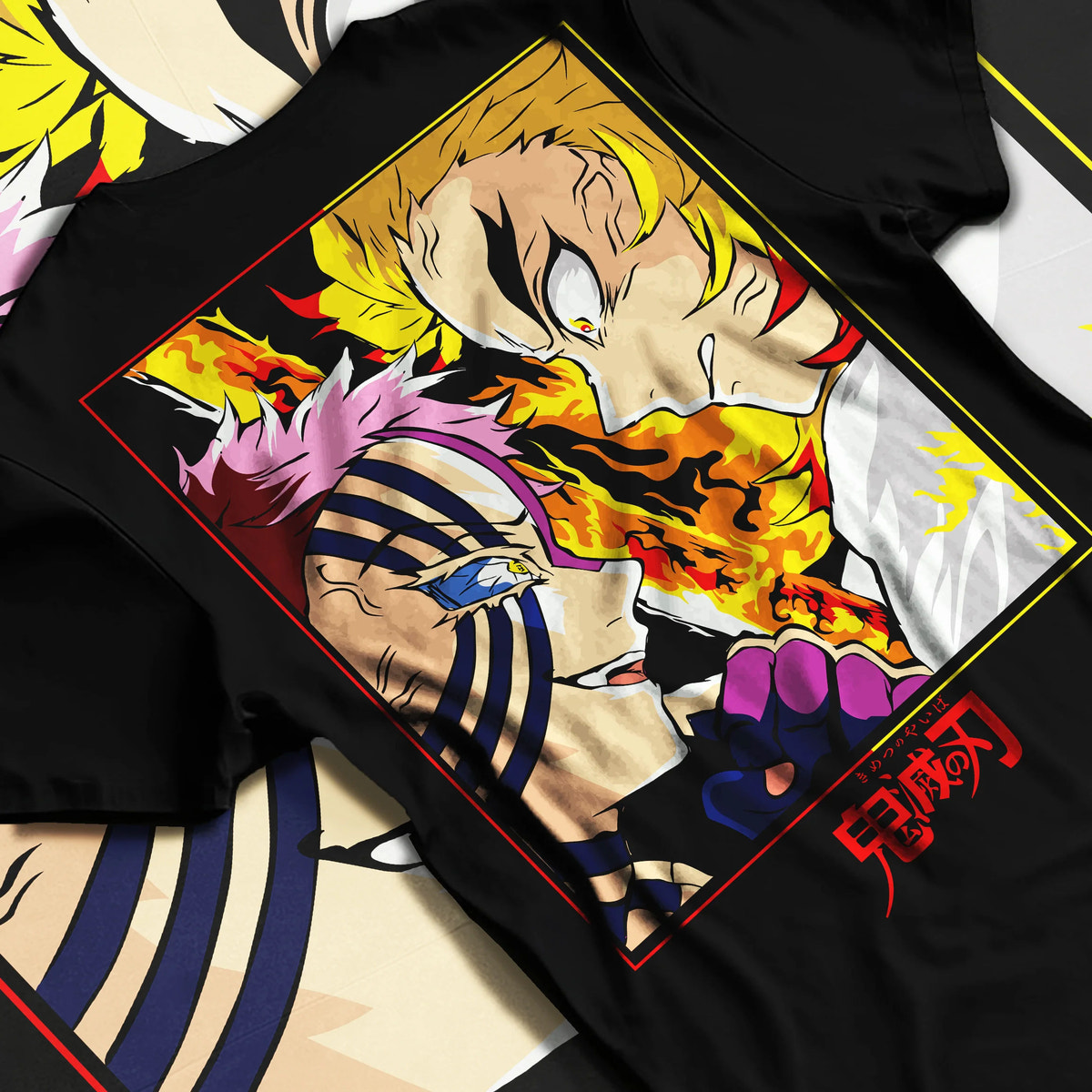 Black T-shirt flat back view showing Kyojuro Rengoku from Demon Slayer: flame sword and blaze