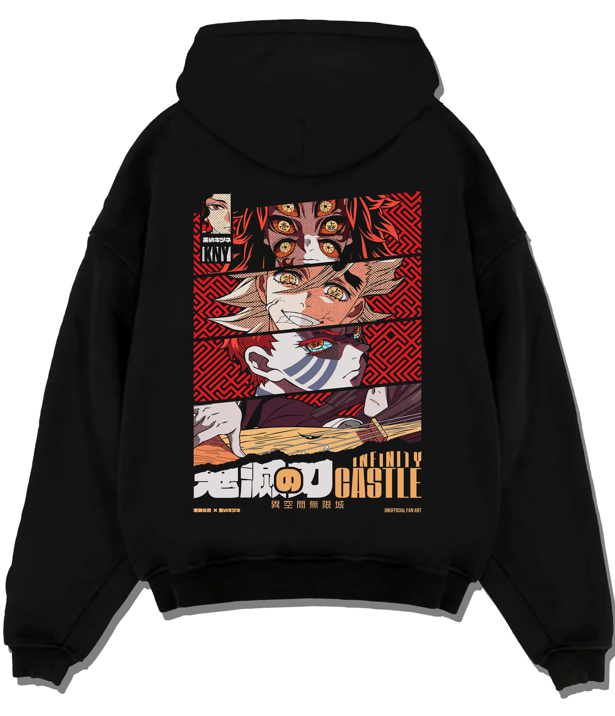 Black hoodie flat back view showing Kyojuro Rengoku from Demon Slayer: manga close-up
