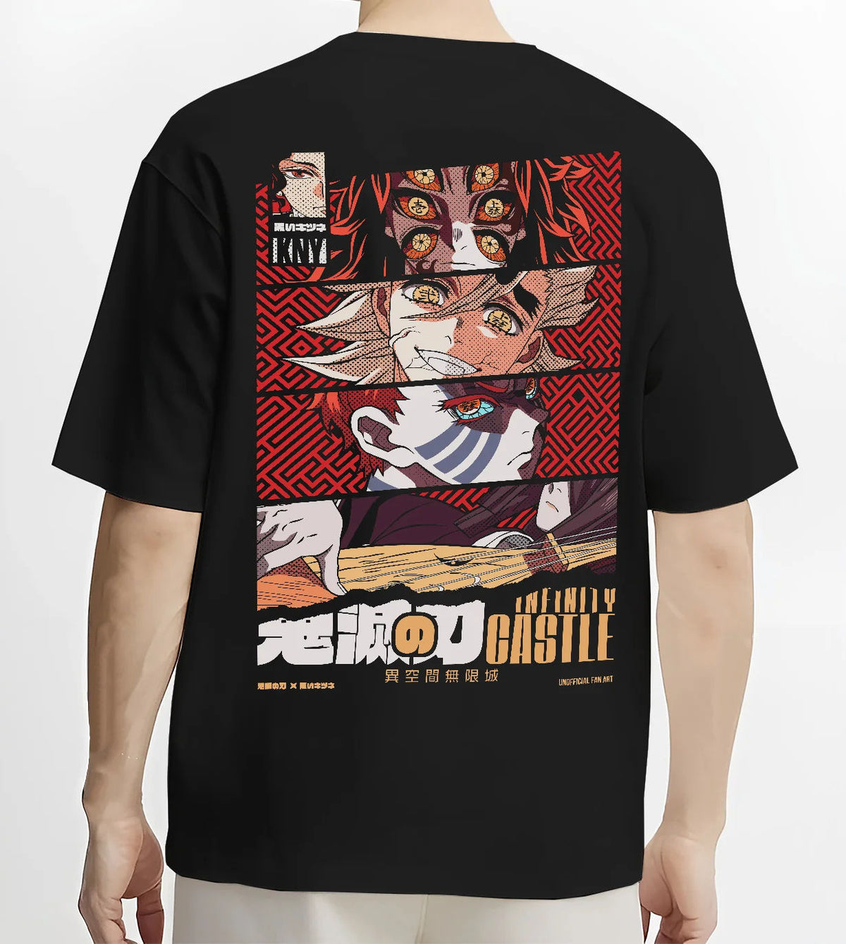 Black T-shirt model back view showing Kyojuro Rengoku from Demon Slayer: manga close-up