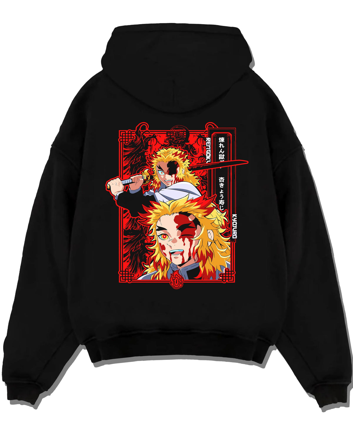 Black hoodie laid flat featuring Kyojuro Rengoku final battle Demon Slayer artwork.