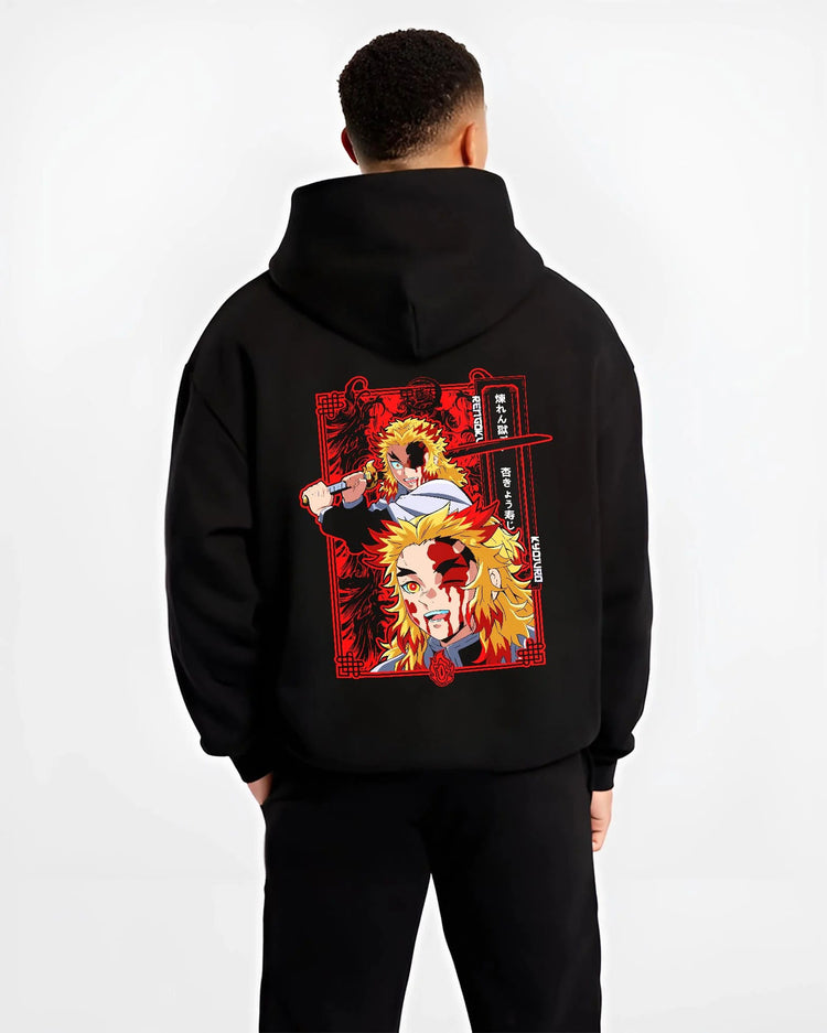 Black hoodie worn by male model from the back featuring Kyojuro Rengoku final battle Demon Slayer artwork.