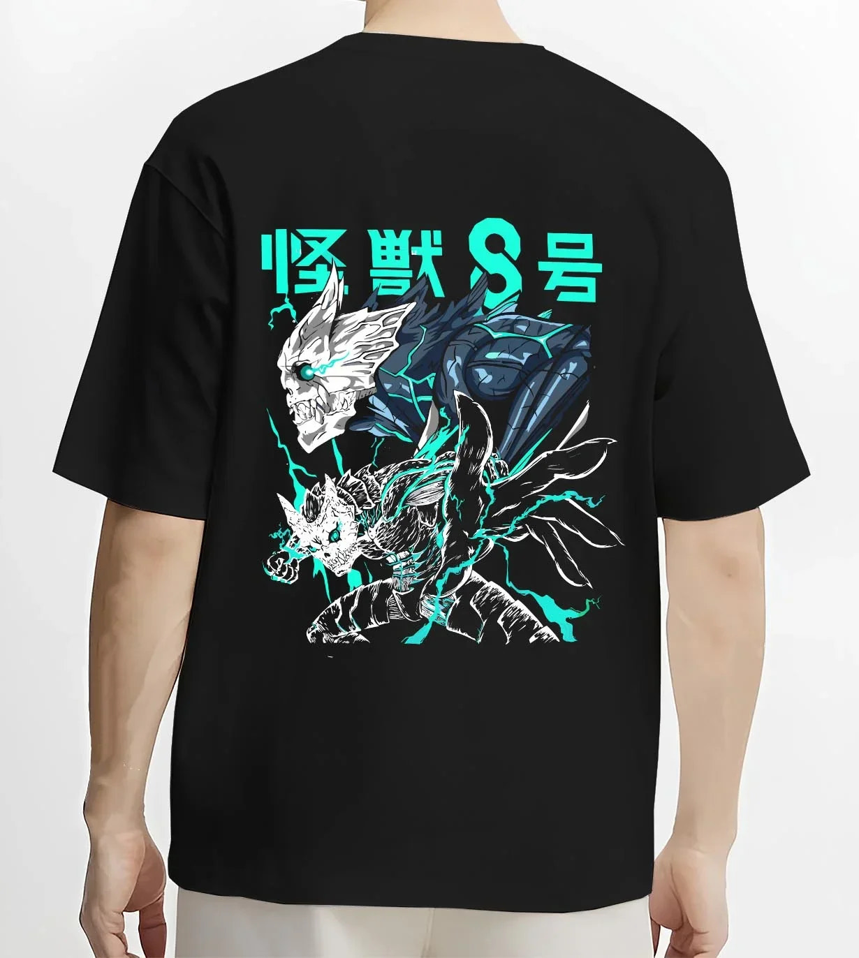 Black T-shirt worn by male model, back view with Reno Ichikawa Hoodie Kaiju No. 8 Transformation graphic premium wear.