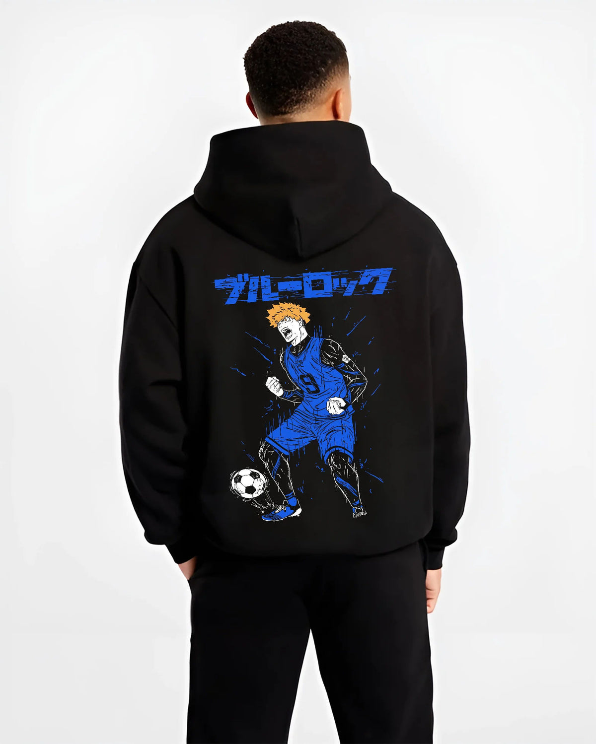 Black hoodie model back view showing Rensuke Kunigami from Blue Lock: football illustration