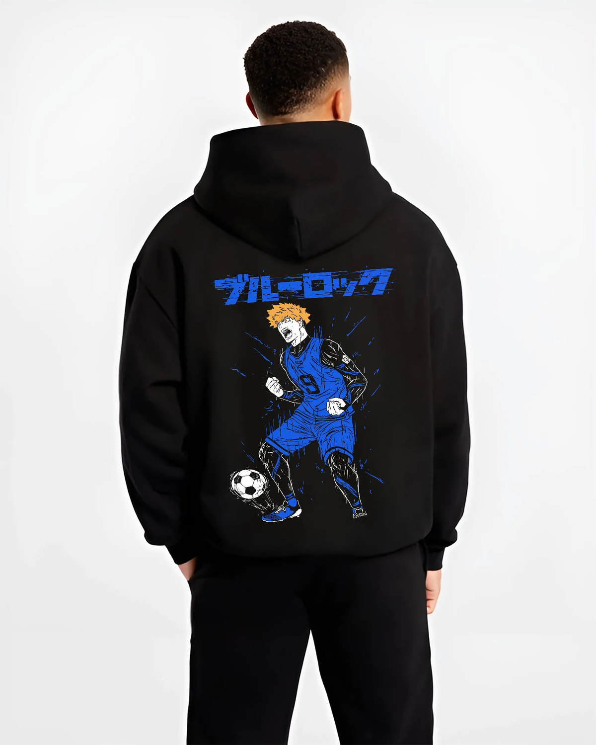 Black hoodie model back view showing Rensuke Kunigami from Blue Lock: football illustration