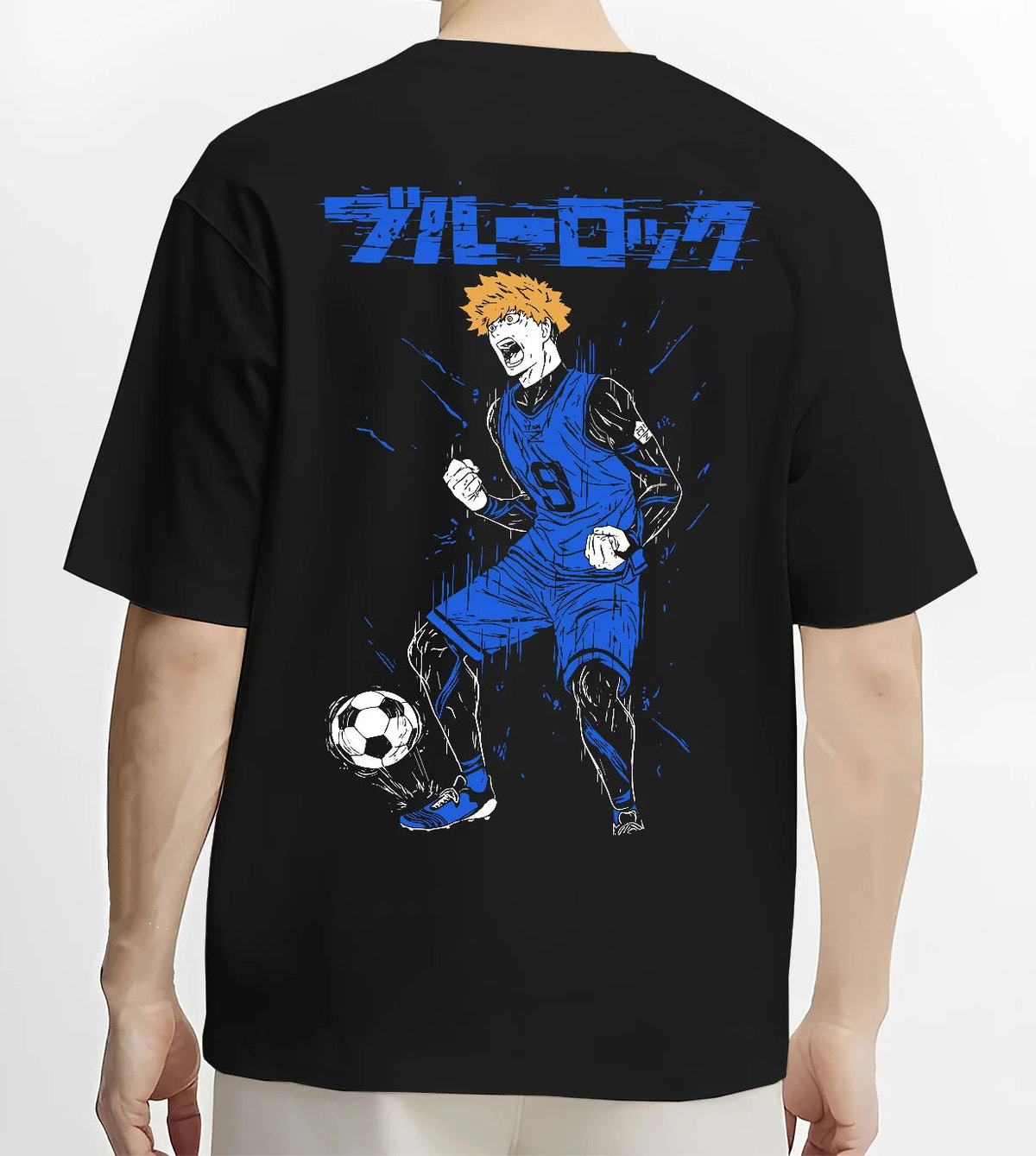 Black T-shirt model back view showing Rensuke Kunigami from Blue Lock: football illustration