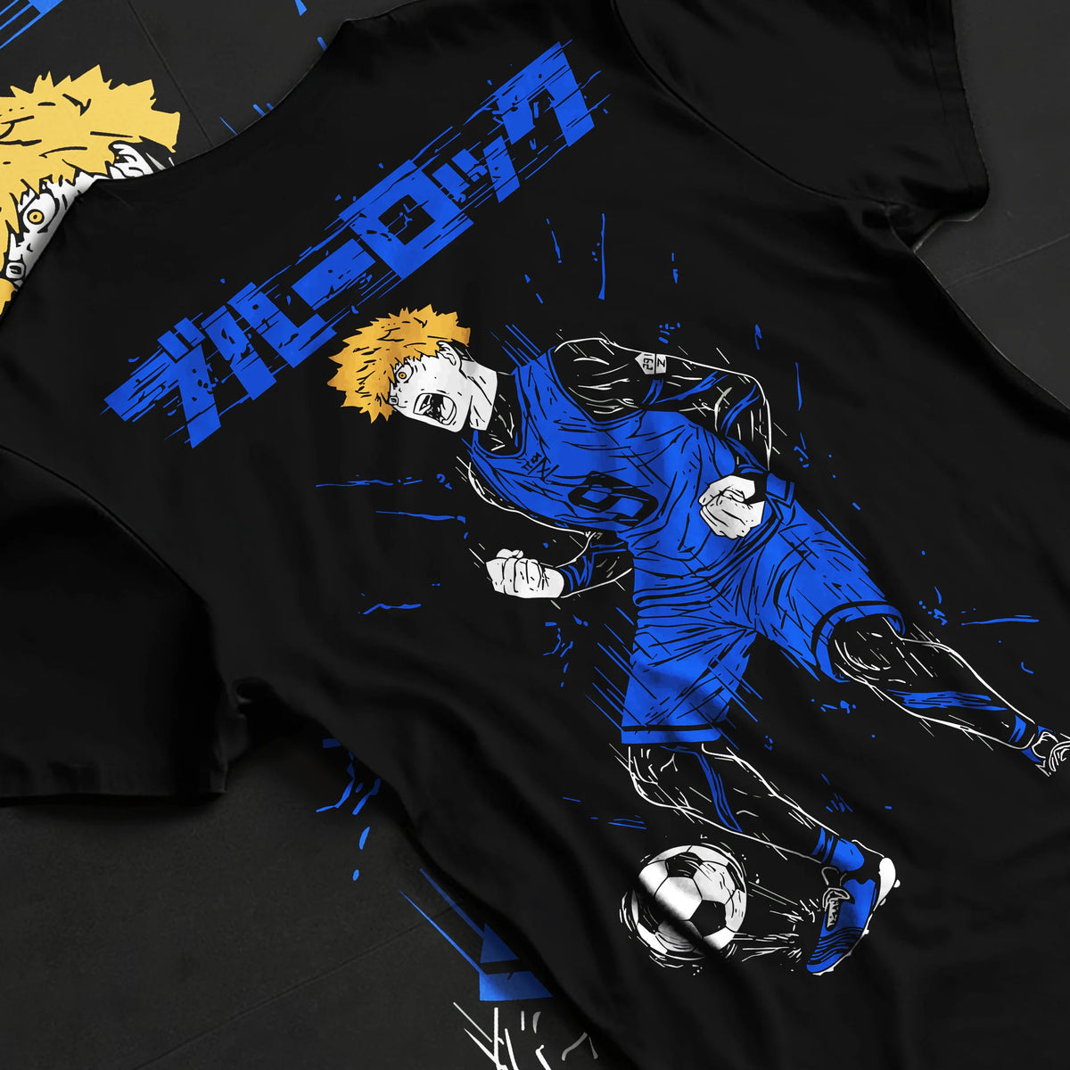 Black T-shirt flat back view showing Rensuke Kunigami from Blue Lock: football illustration