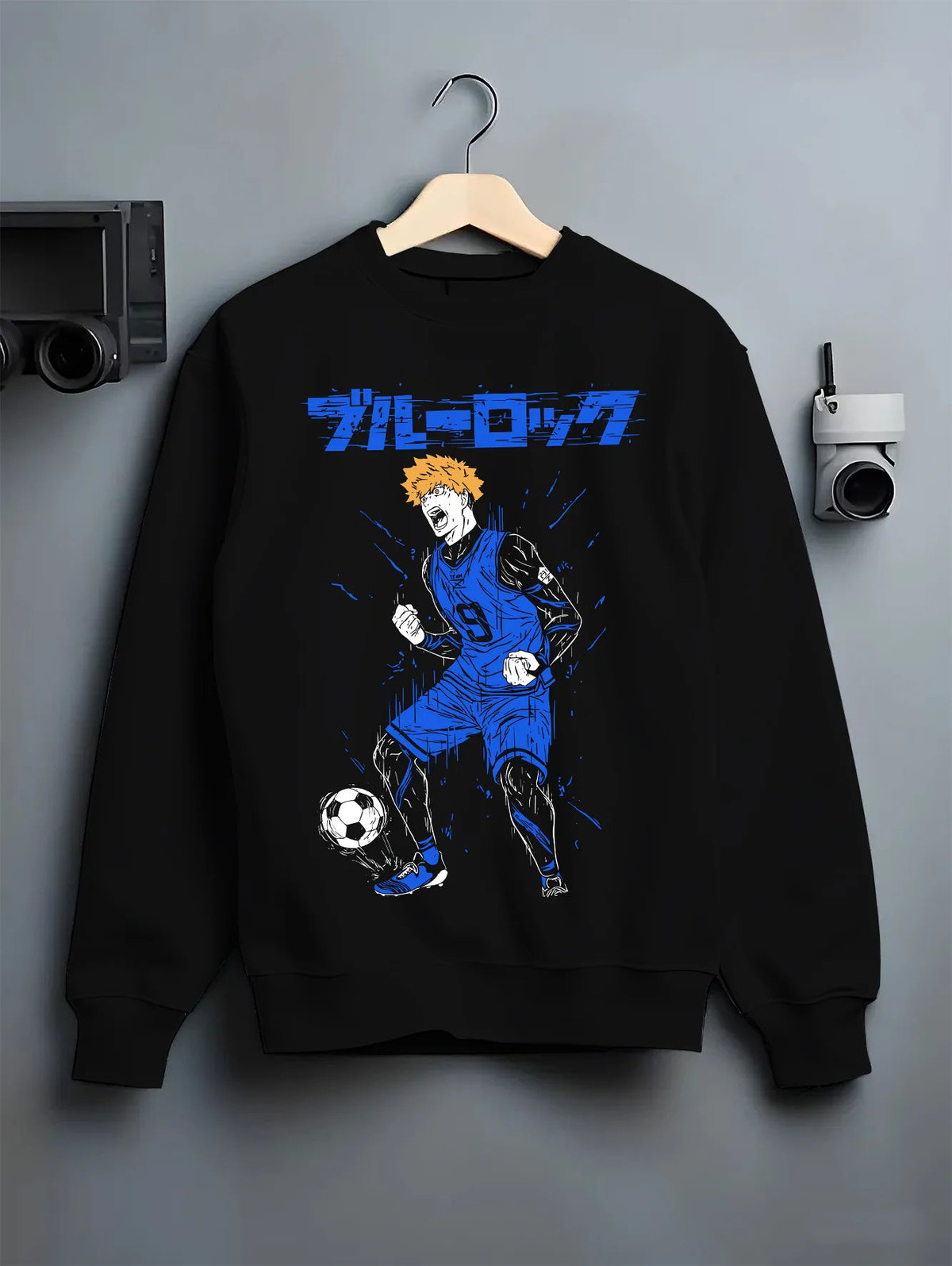 Black crewneck sweatshirt on hanger showing Rensuke Kunigami from Blue Lock: football illustration