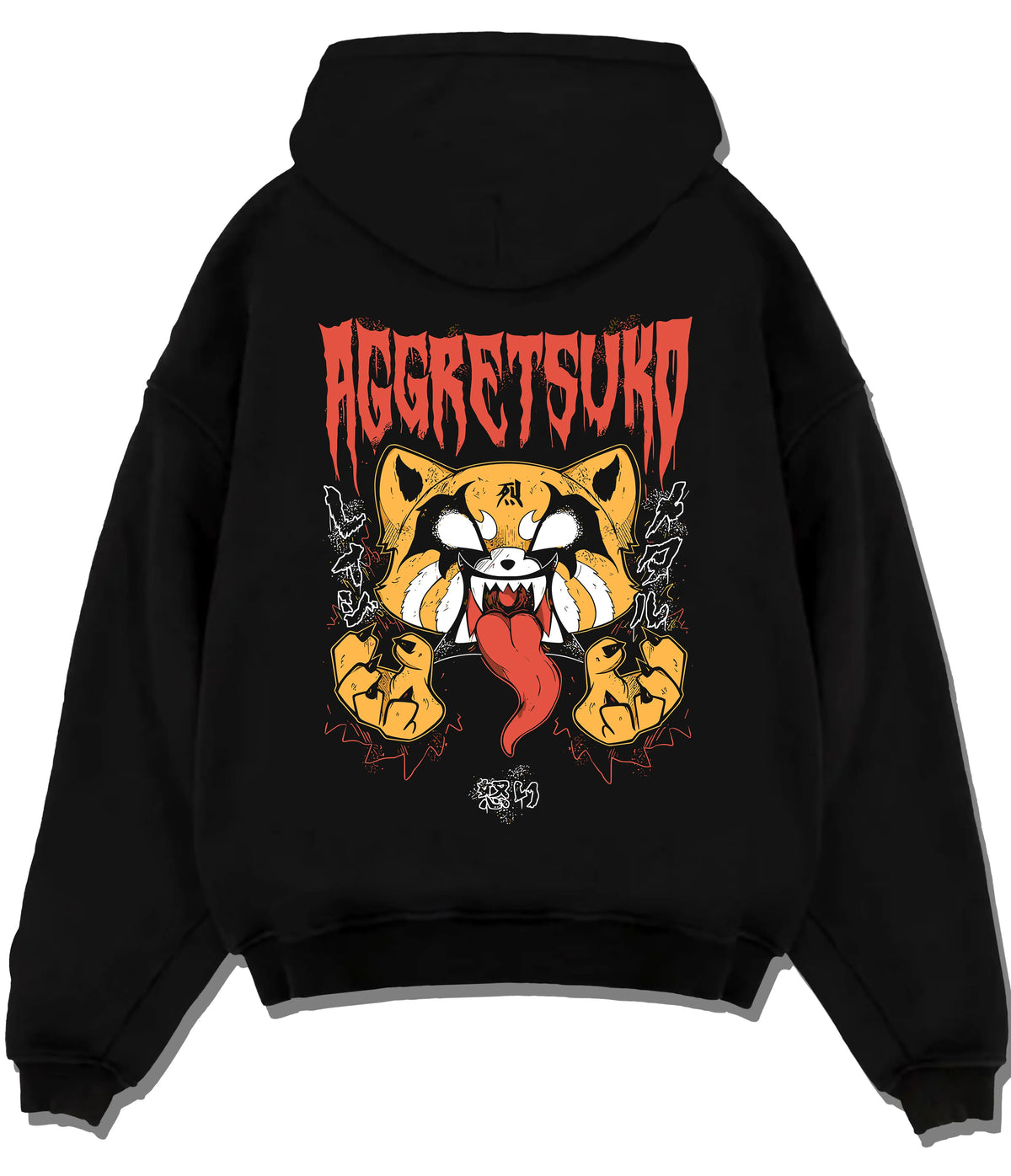 Black hoodie flat back view showing Retsuko from Aggretsuko: aggressive red panda