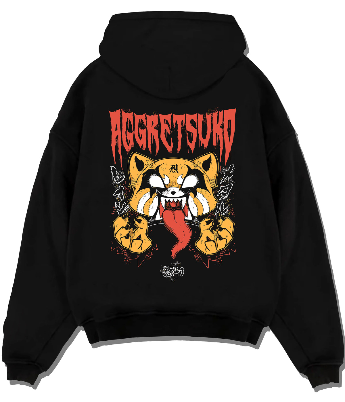 Black hoodie flat back view showing Retsuko from Aggretsuko: aggressive red panda