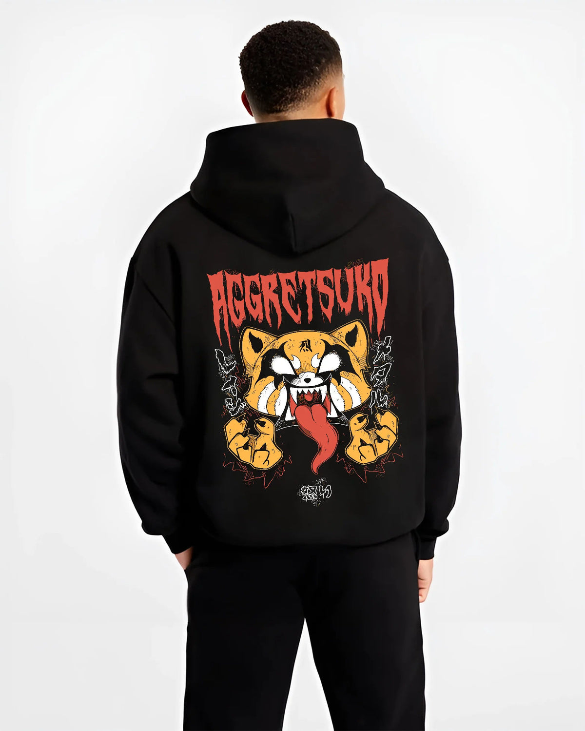Black hoodie model back view showing Retsuko from Aggretsuko: aggressive red panda