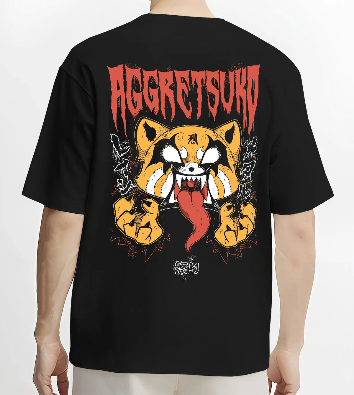 Black T-shirt model back view showing Retsuko from Aggretsuko: aggressive red panda