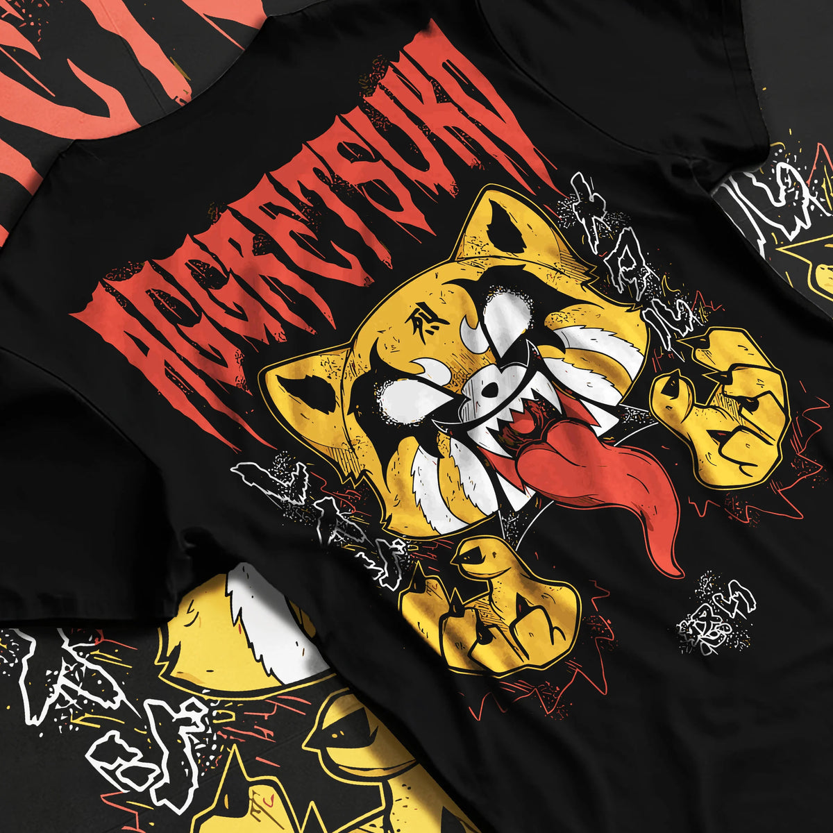 Black T-shirt flat back view showing Retsuko from Aggretsuko: aggressive red panda
