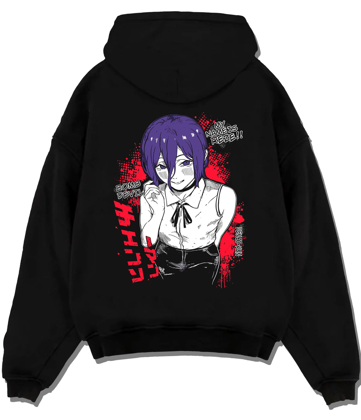 Black hoodie flat back view showing Reze from Chainsaw Man: Chainsaw Man