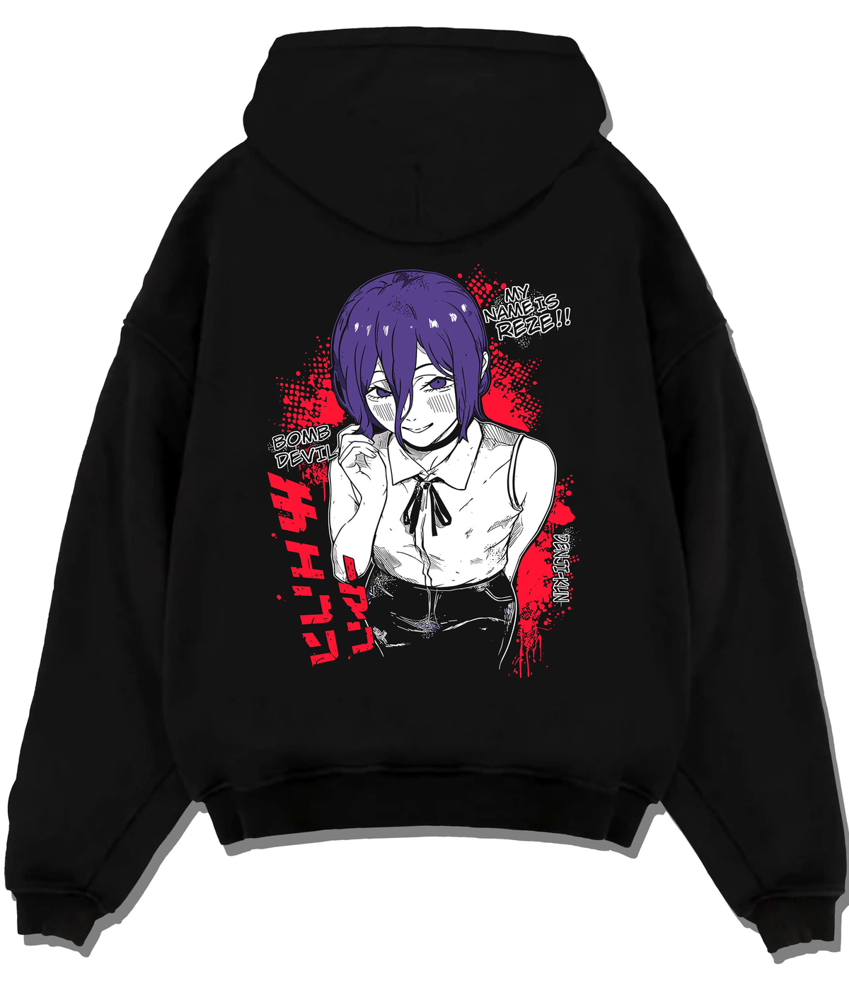 Black hoodie flat back view showing Reze from Chainsaw Man: Chainsaw Man