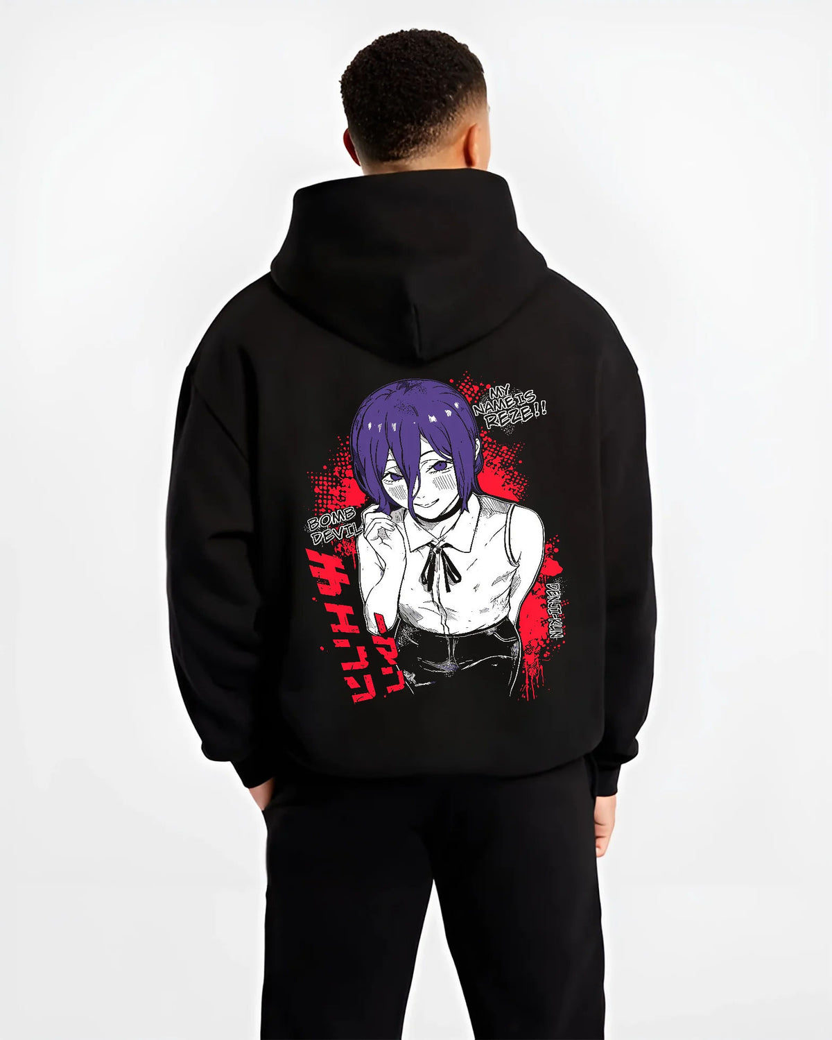 Black hoodie model back view showing Reze from Chainsaw Man: Chainsaw Man