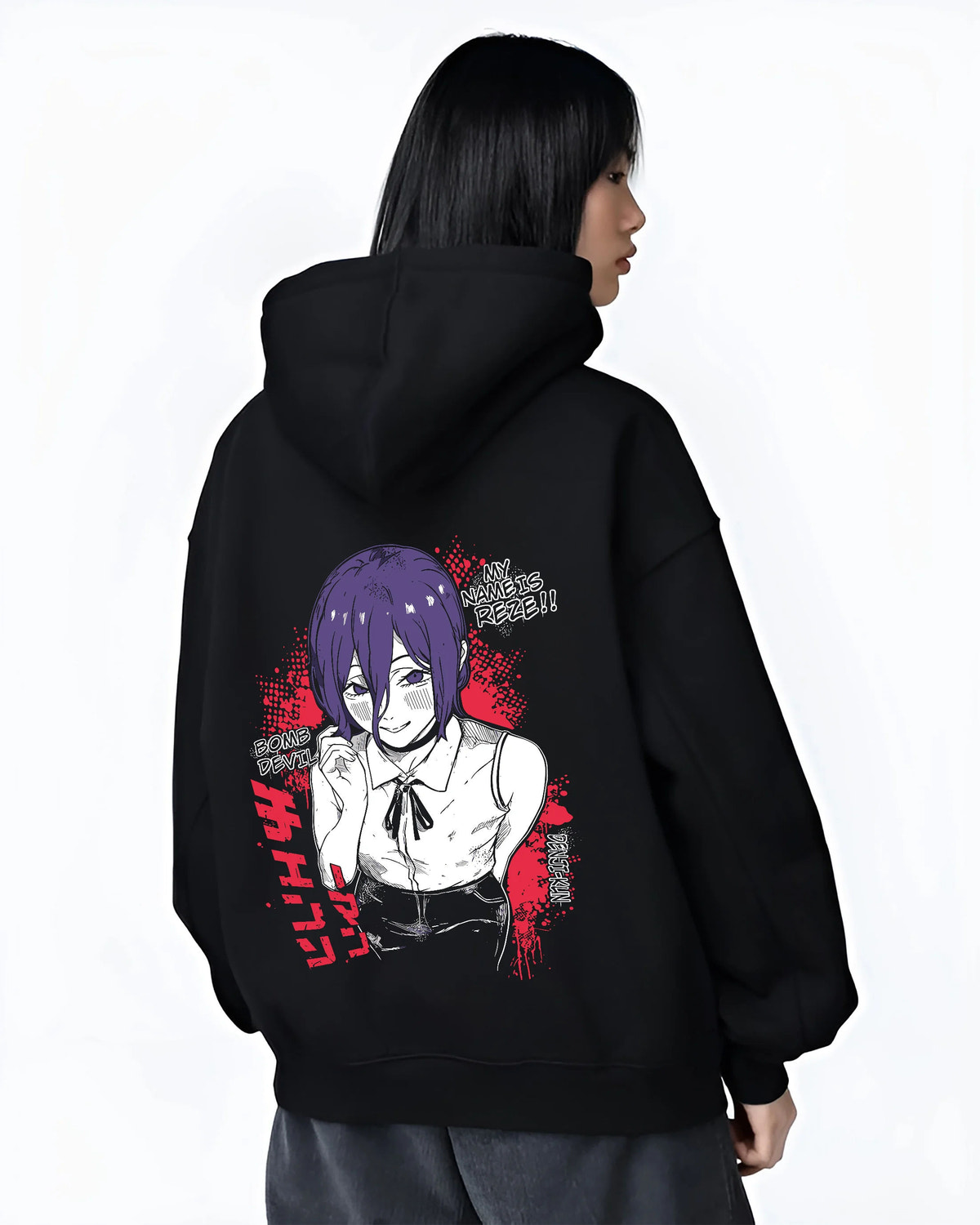 Black hoodie female model back view showing Reze from Chainsaw Man: Chainsaw Man