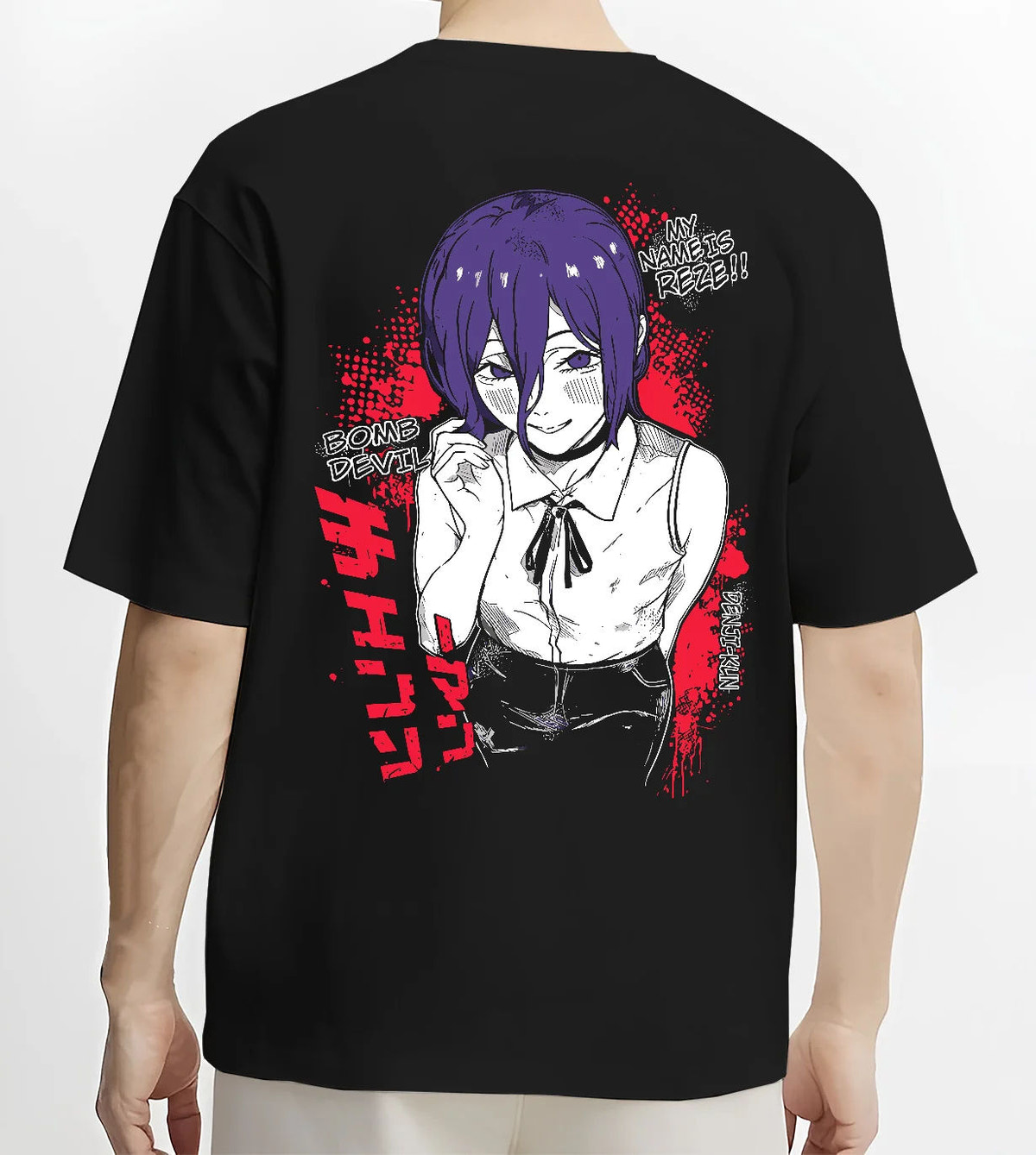 Black T-shirt model back view showing Reze from Chainsaw Man: Chainsaw Man