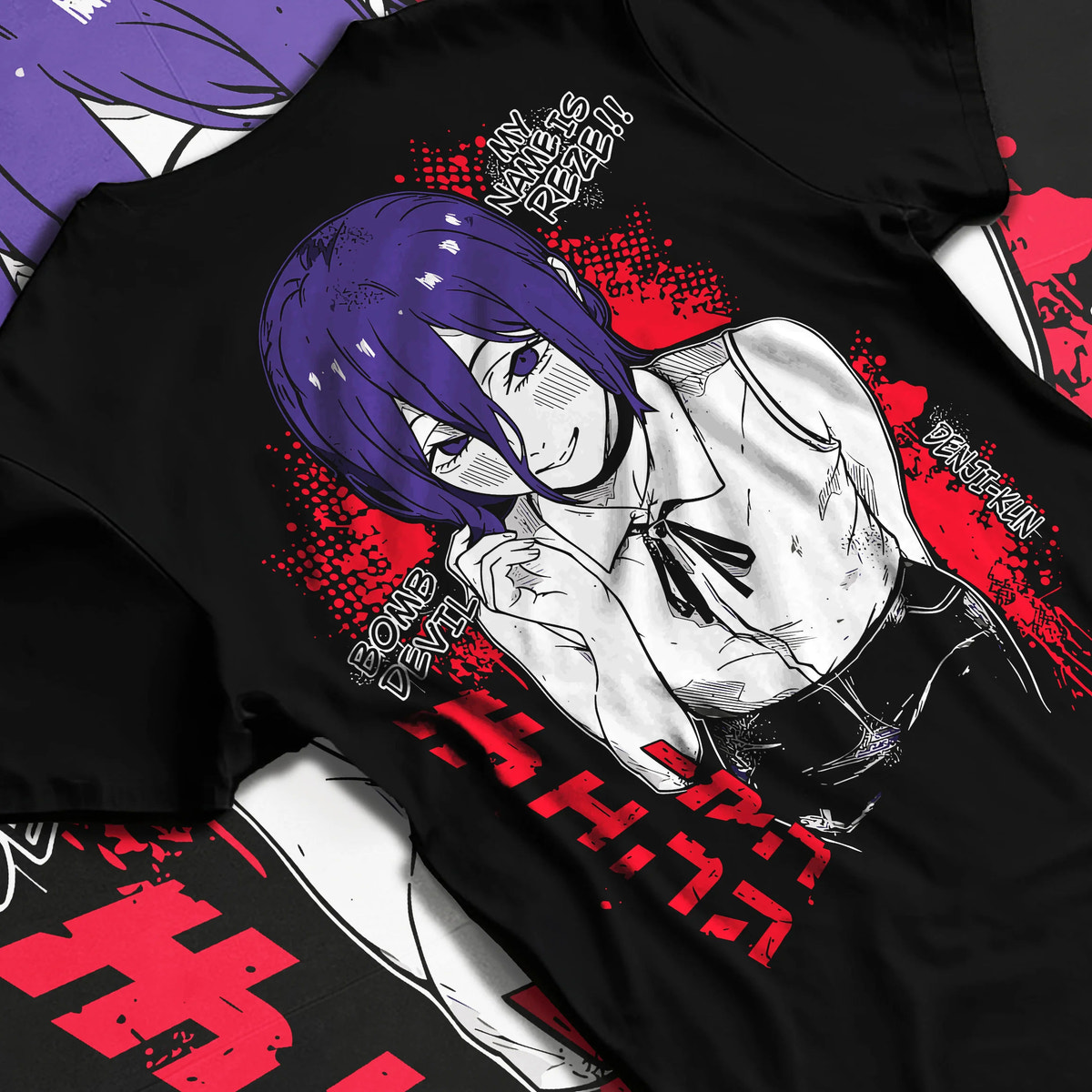 Black T-shirt flat back view showing Reze from Chainsaw Man: Chainsaw Man