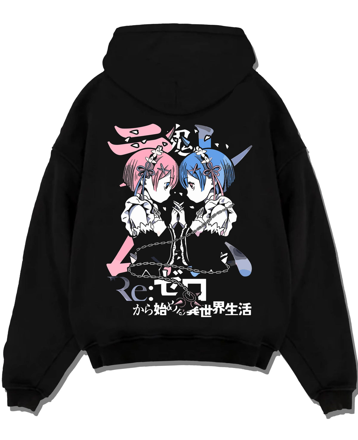 Black hoodie laid flat featuring Rem and Ram twin maids Re:Zero artwork.