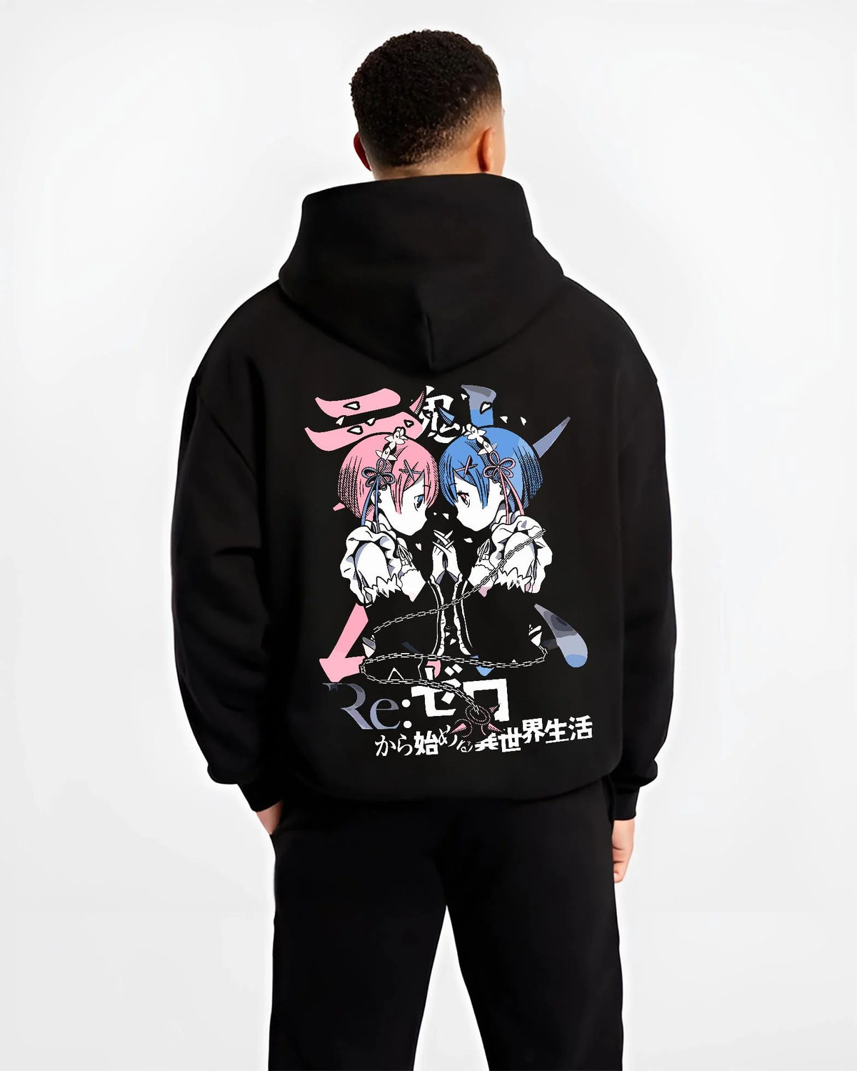 Black hoodie worn by male model from the back featuring Rem and Ram twin maids Re:Zero artwork.