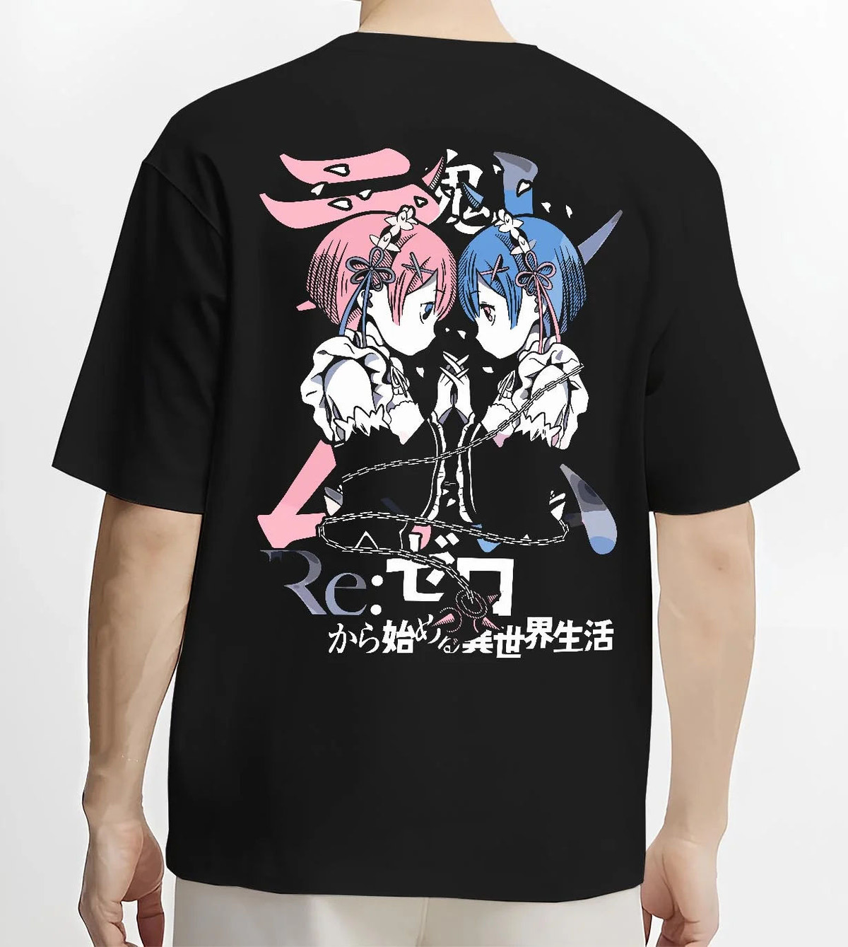 Black T-shirt worn by male model from the back featuring Rem and Ram twin maids Re:Zero artwork.