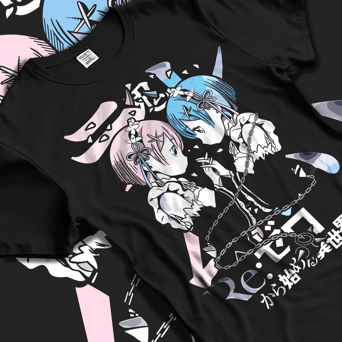 Black T-shirt laid flat with natural folds featuring Rem and Ram twin maids Re:Zero artwork.