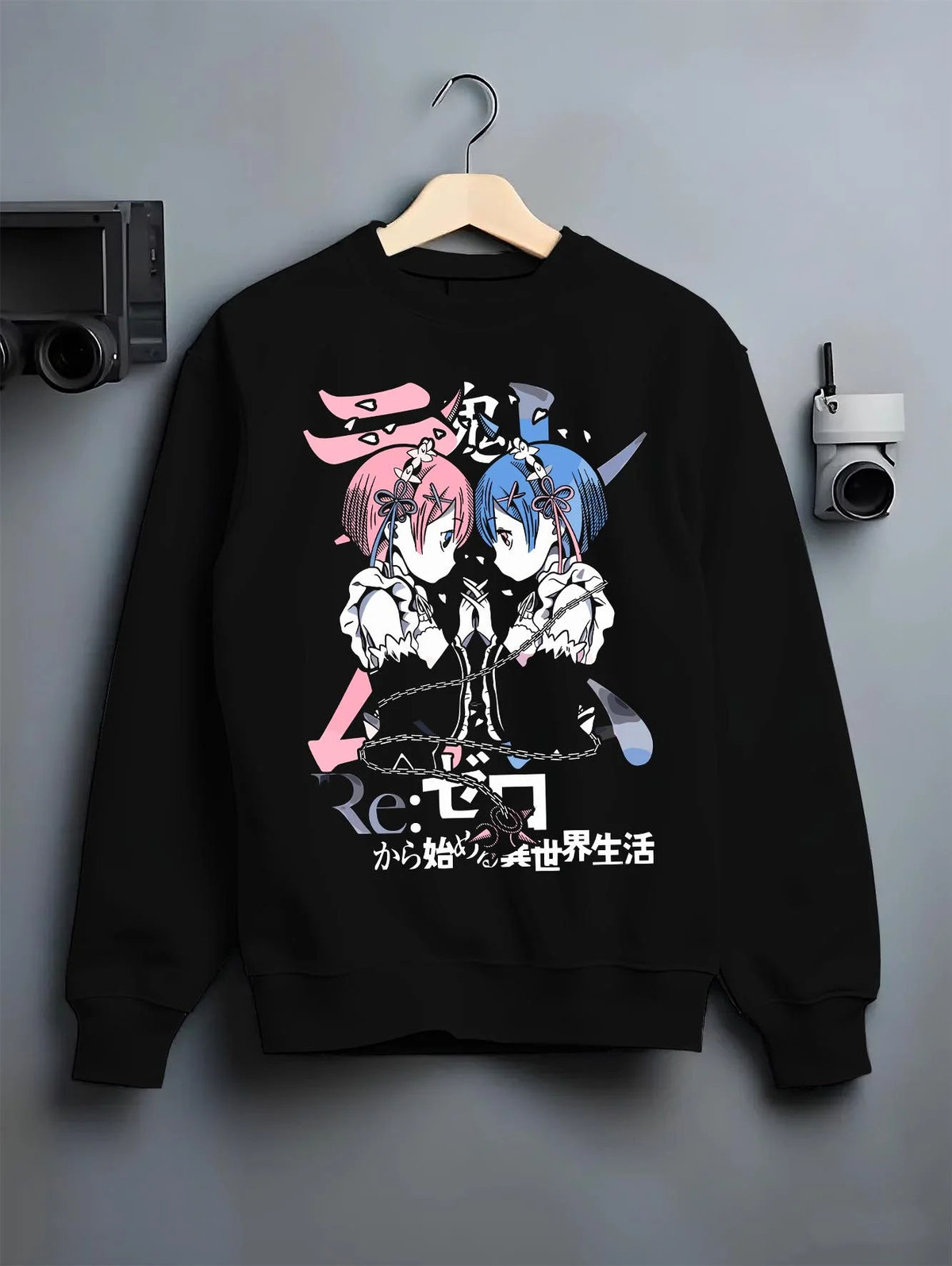 Black crewneck sweatshirt on hanger featuring Rem and Ram twin maids Re:Zero artwork.