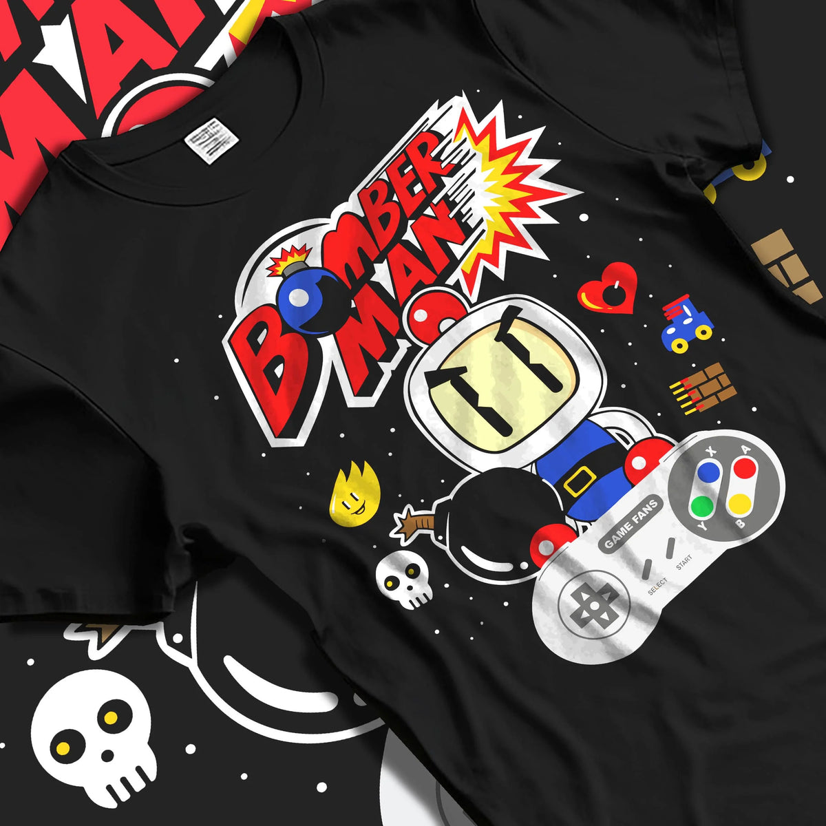 Black T-shirt laid flat with natural folds featuring Bomberman retro 8-bit arcade artwork.
